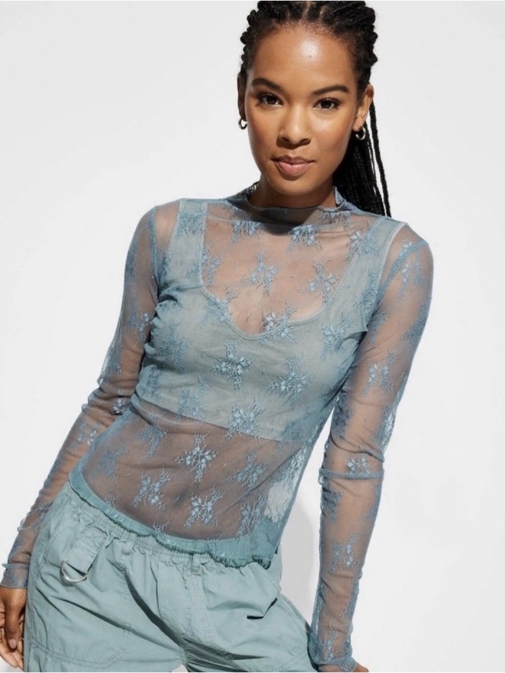 Women's Long Sleeve Mock Turtleneck Lace Shirt - Wild Fable™ Turquoise Blue L